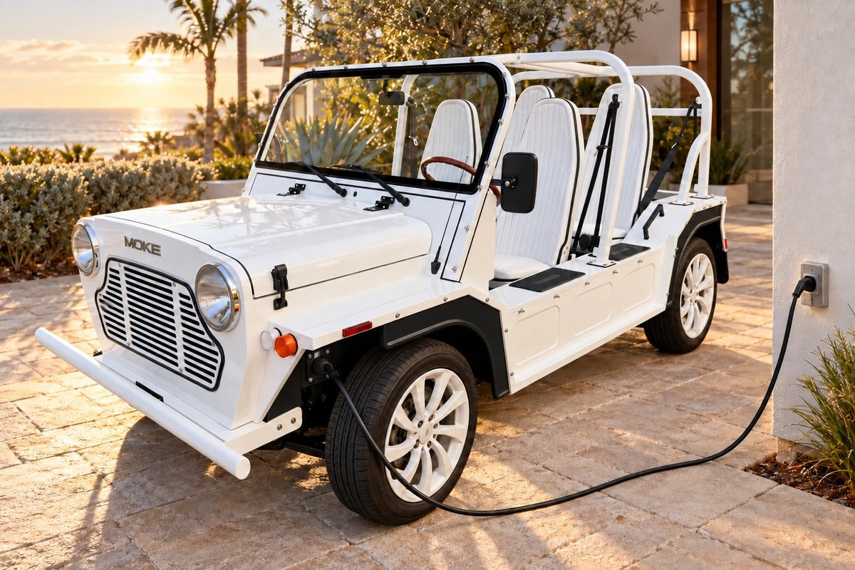 A white Moke plugged in to charge on the terrace of a Florida home at sunset
