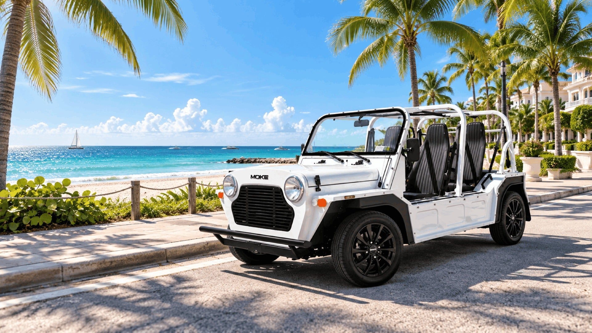 A white Moke parked on a palm-lined path beside a turquoise Florida beach