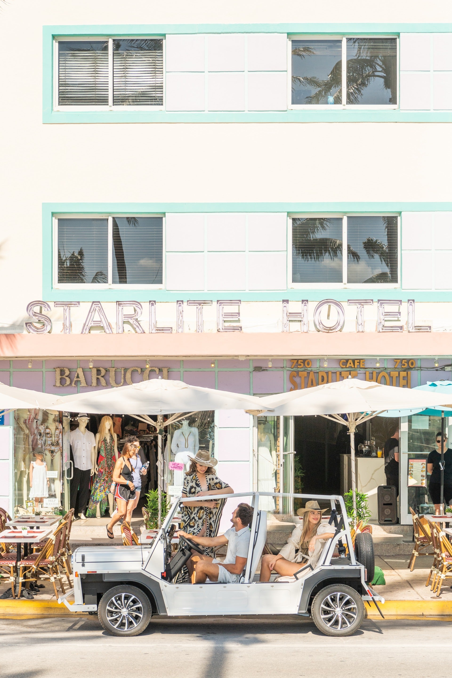 A white Moke parked outside the Starlite Hotel on Ocean Drive in Miami Beach