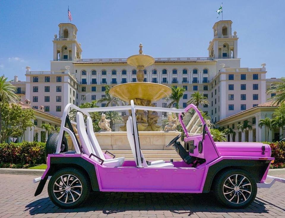 A pink Moke parked in front of The Breakers in Palm Beach