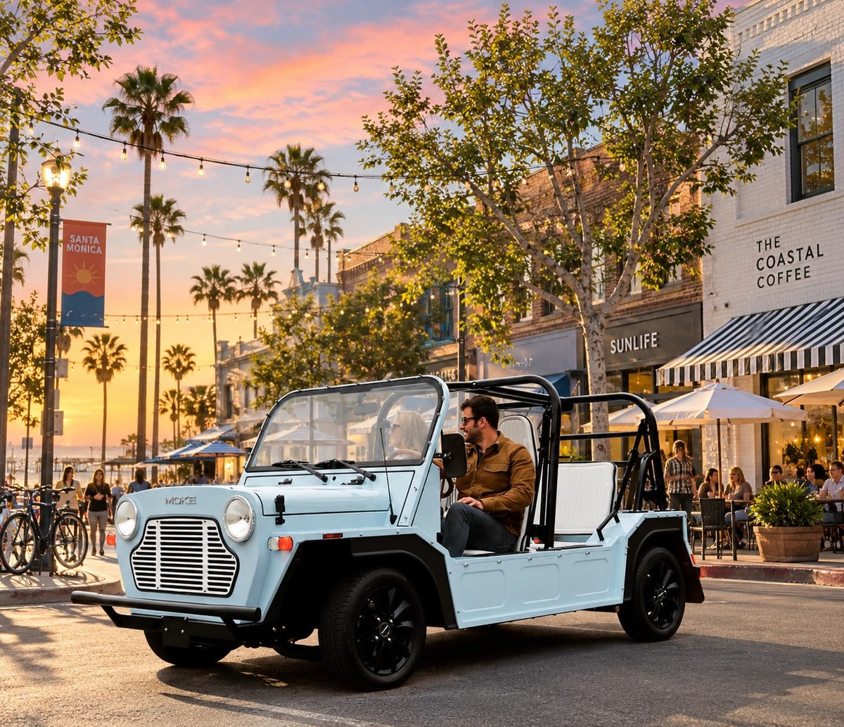 A light blue Moke on a Santa Monica street at sunset
