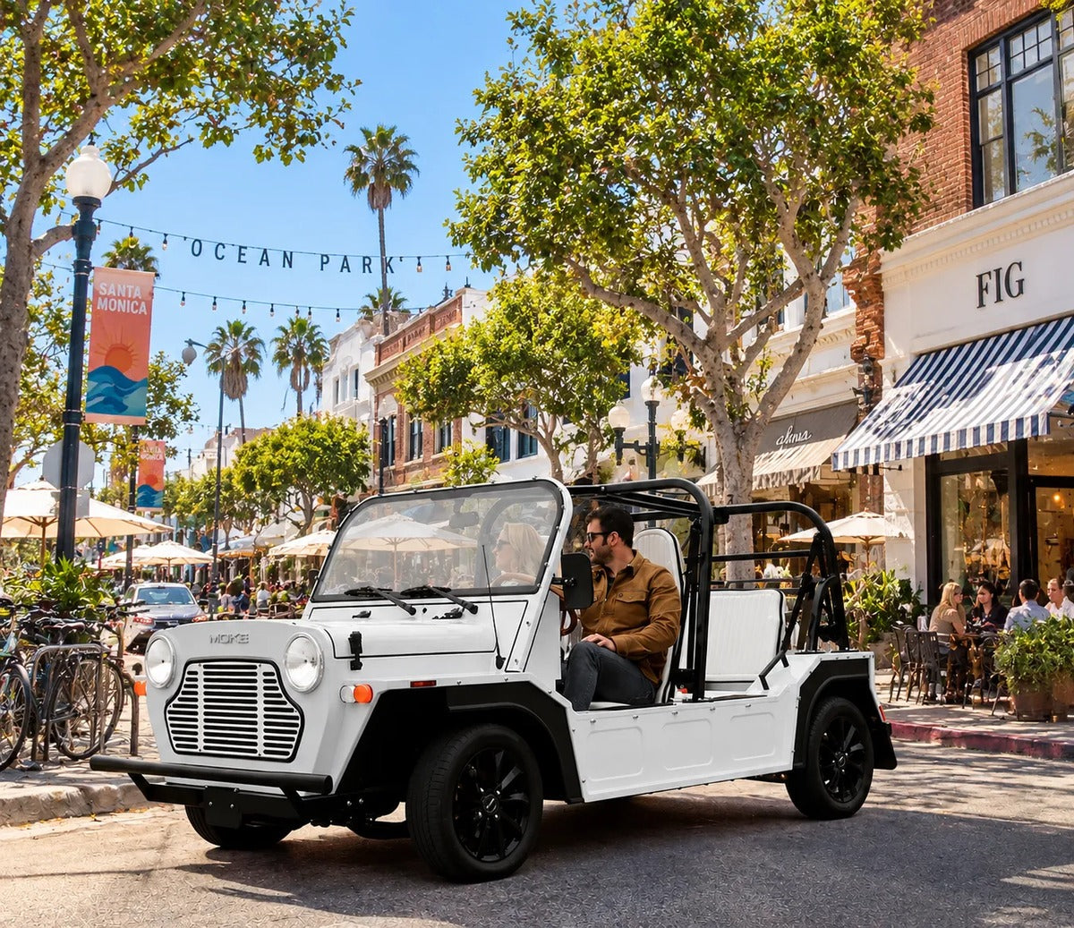 A white Moke on Main Street in Ocean Park, Santa Monica